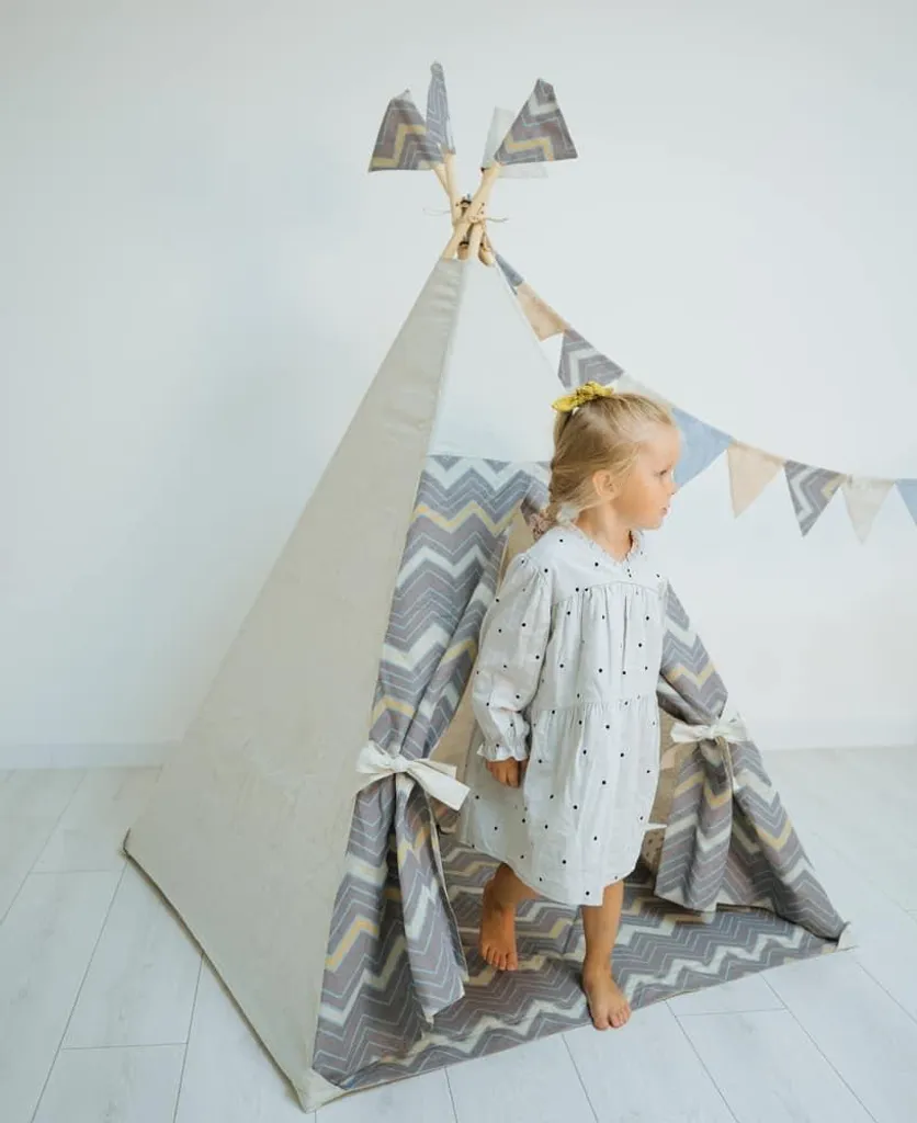 Tipi enfant avec tapis de sol molletonné Wigwam en lin haute qualité - 3