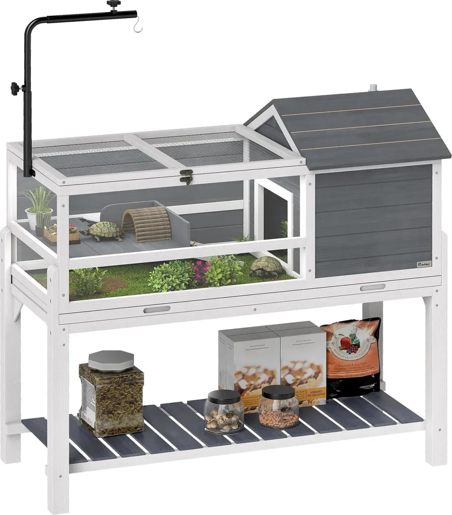 Terrarium pour reptiles en bois gris avec toit rabattable et étagère