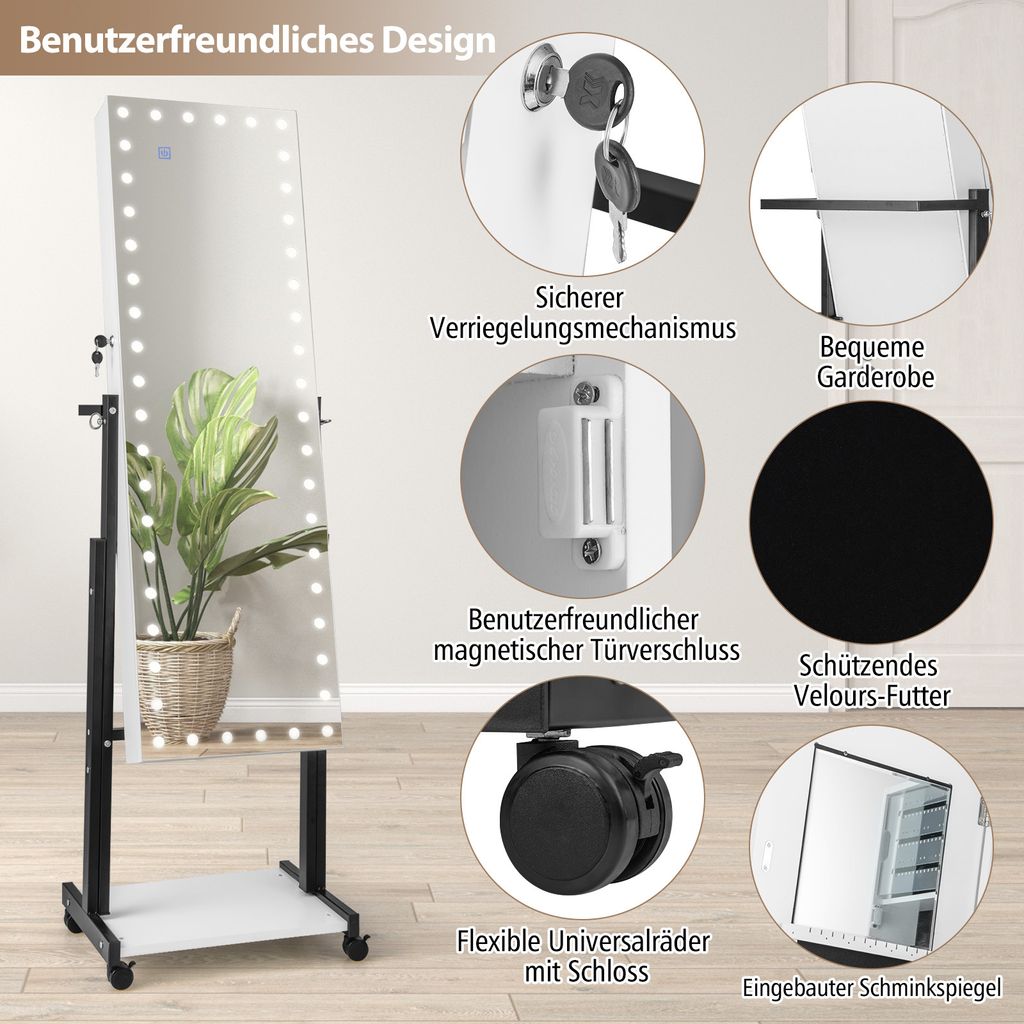 GOPLUS Schmuckschrank mit LED, Spiegelschrank mit Rollen & Produktbild 6