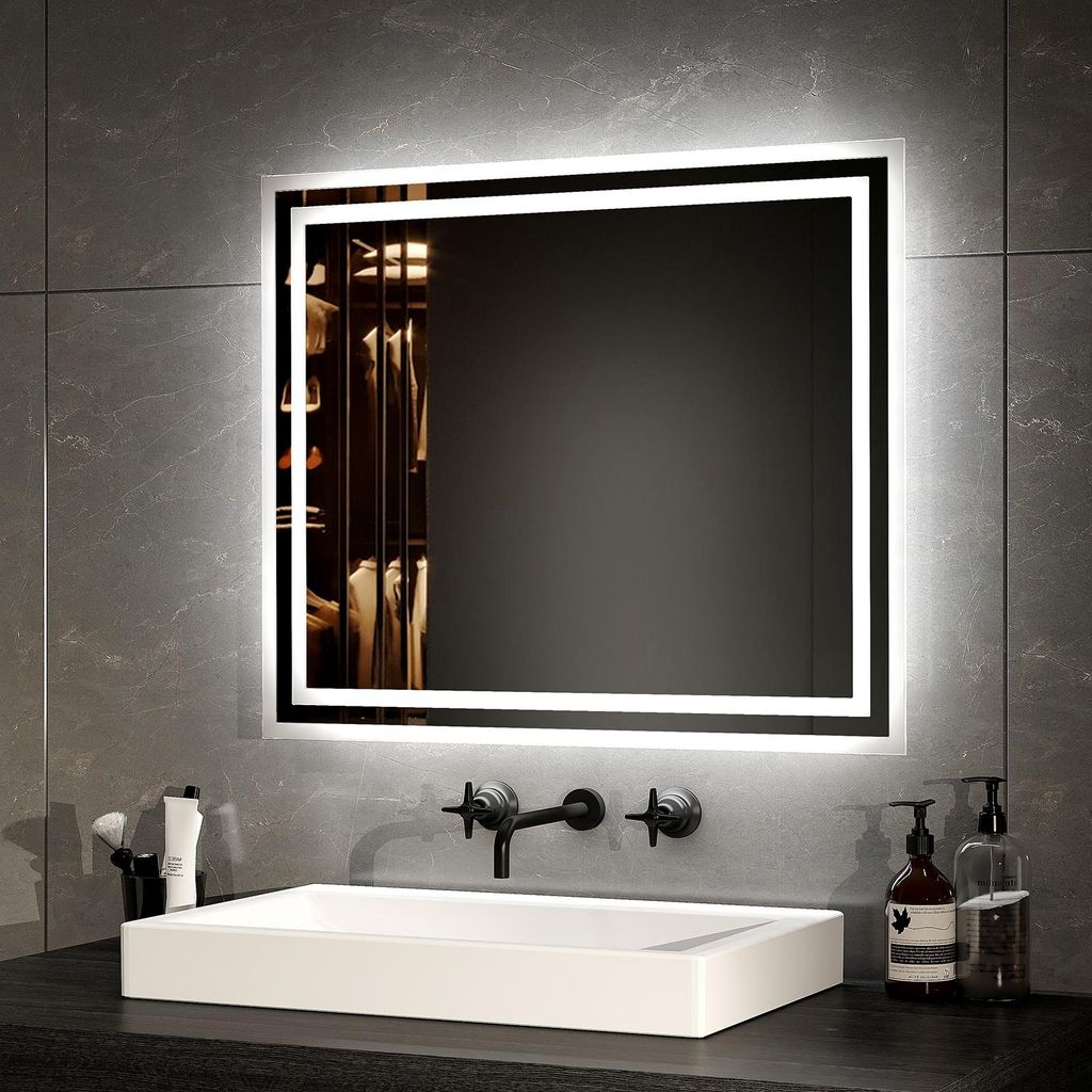 EMKE LED Badspiegel mit Beleuchtung 50X60 cm Antibeschlag, Wandspiegel Badezimmerspiegel mit mechanischem Schalter, 3000K/6500K Lichtfarben, IP44
