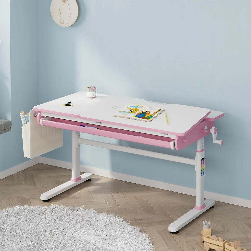 Bureau d'écolier évolutif Kuosa 120cm avec rangement rose et blanc