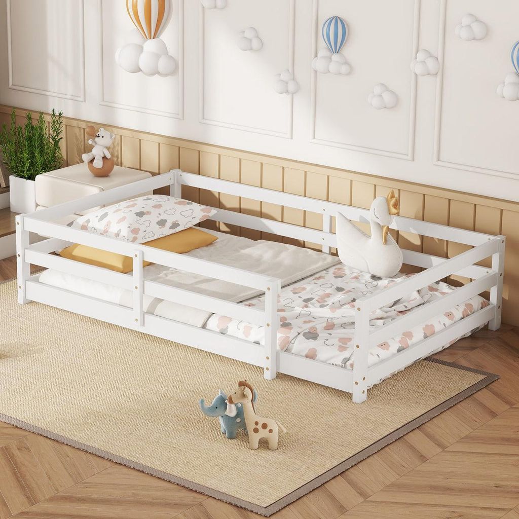 Montessori Bodenbett mit 4-Seiten-Gitter – Vollflächig, kein Lattenrost benötigt, Kiefernholz, einfach aufzubauen (140x200 cm, weiß)