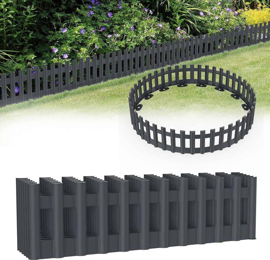 YUENFONG 516cm Holzoptik Rasenkanten Kunststoff Beeteinfassung Beetumrandung in Holzimitation Mähkante 12 stücke Palisaden Gartenzaun, Anthrazit(...