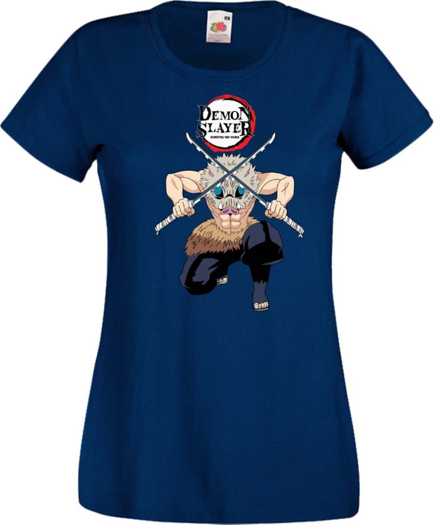 Damen T-Shirt Demon Anime Slayer Inosuke Var-020 Inosuke Boar, Lady XS / Dunkelblau