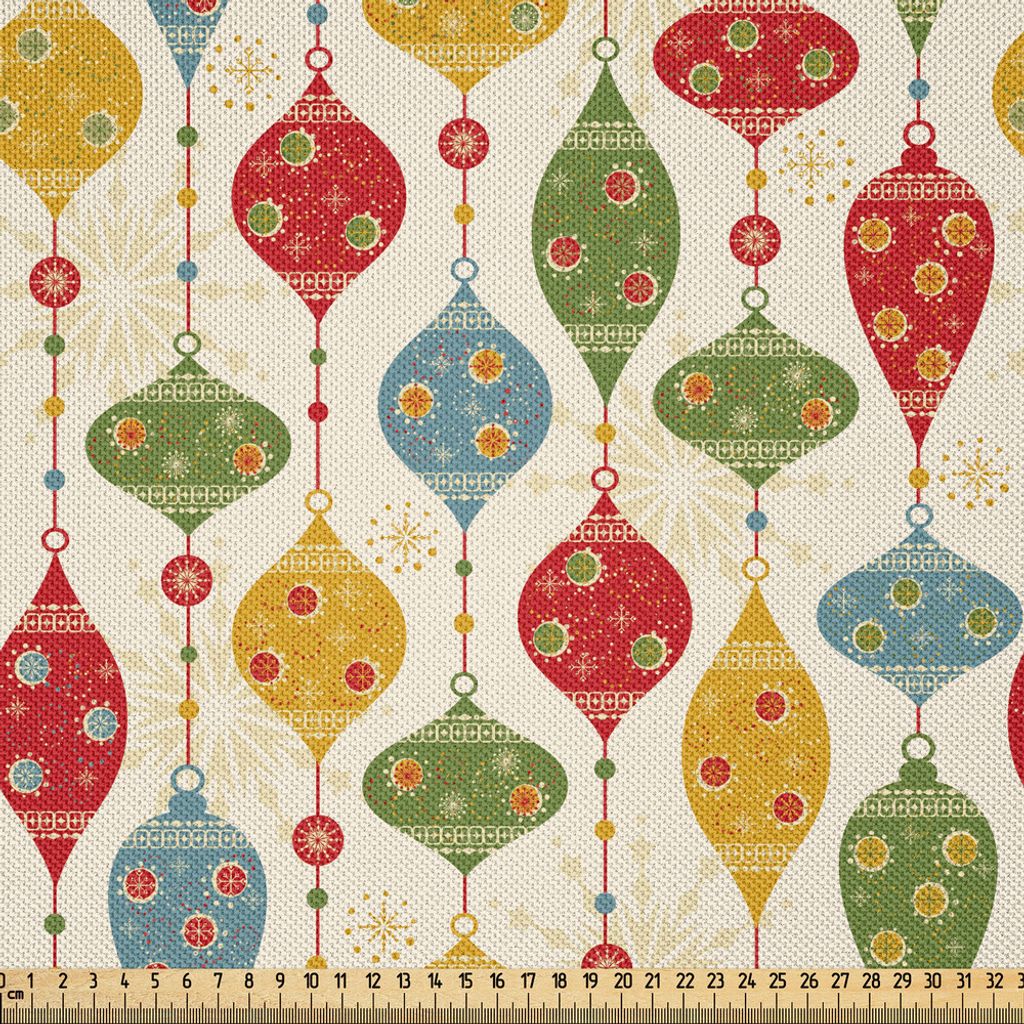 ABAKUHAUS Weihnachten Satin Stoff als Meterware, Weihnachtskugeln Neujahr Ferien Feiertagsstimmung Wiederholendes Muster, 10 M (148 x 1000 cm), Meh...