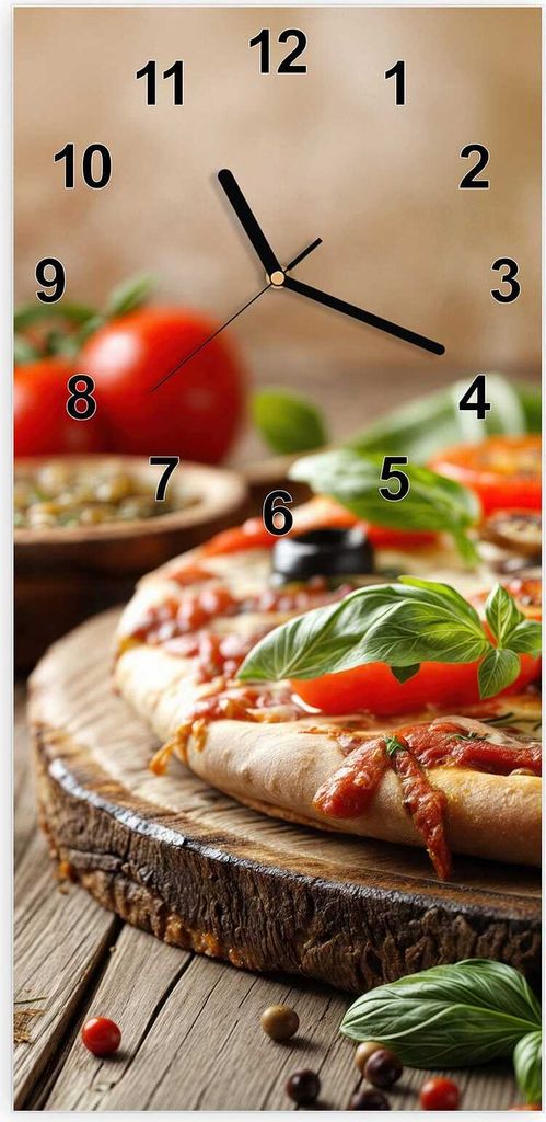 Wanduhr aus Glas mit Motiv Pizza im Holzofen- 30 x 60 cm - inkl. Aufhängesystem