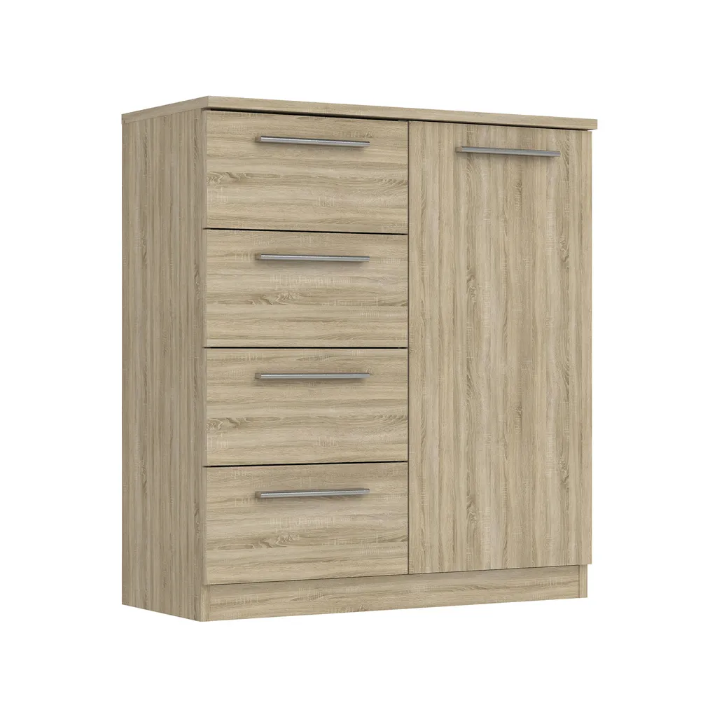 Buffet bas Commode chêne Sonoma 1 porte 4 tiroirs SURREY pour chambre