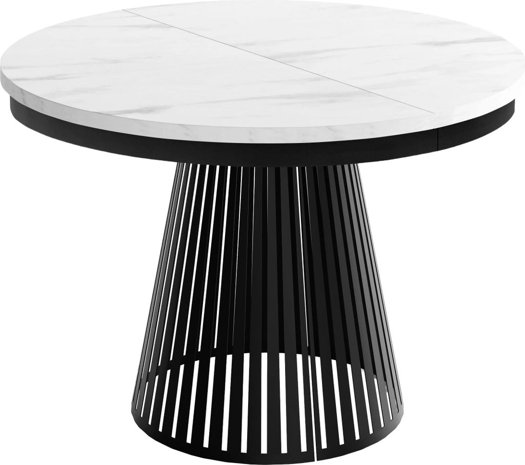 Esstisch Rund Ausziehbar mit Lamellen im Loft-Stil – 120 bis 200 cm – Industrieller Tisch mit Schwarzen Metallbeinen, Platzsparend für Wohnzim...