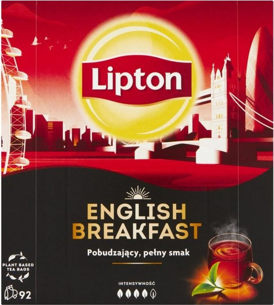 Packaging for Lipton English Breakfast tea, featuring a London skyline graphic.