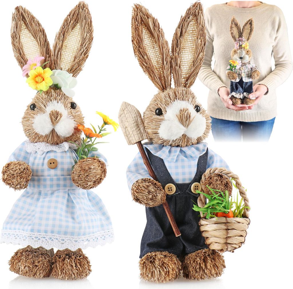 COM-FOUR 2x XL Stroh Osterhase handgemacht - 33 cm Deko-Osterhase zur Osterdekoration - Strohfiguren für Ostern - Deko-Hase aus Stroh - handgefe...