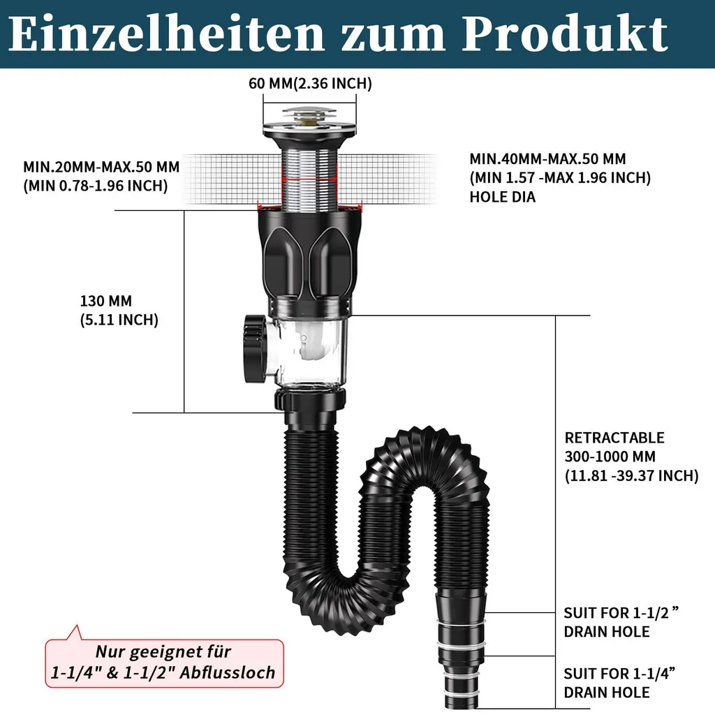 Kit évacuation évier anti-odeurs et anti-bouchon extensible 1m - 2