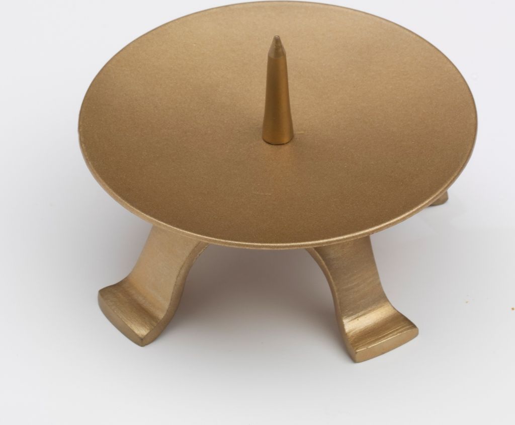 Kerzenleuchter Vierfuß Eisen in Gold Ø 11,5 cm mit großem Dorn für Kerzen, Altarkerzen, Hochzeitskerzen, Taufkerzen