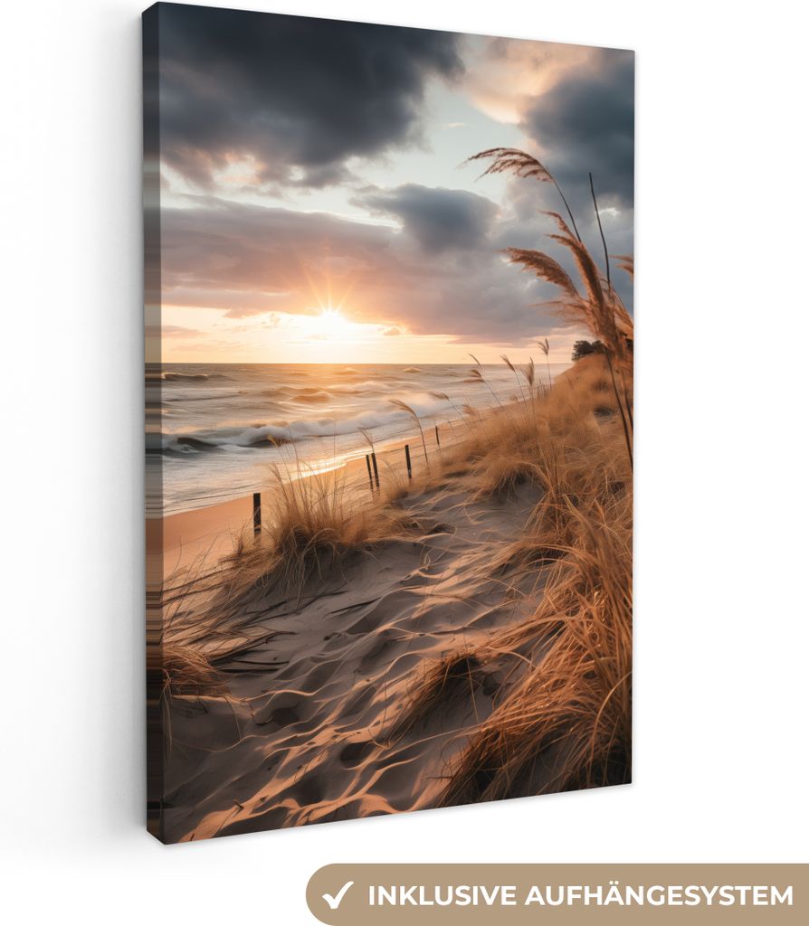 MuchoWow - Leinwandbilder - Strand - Dünen - Meer - Sand - Hochgras, Wandbild, Wanddeko Bilder Wohnzimmer, 60x90 cm