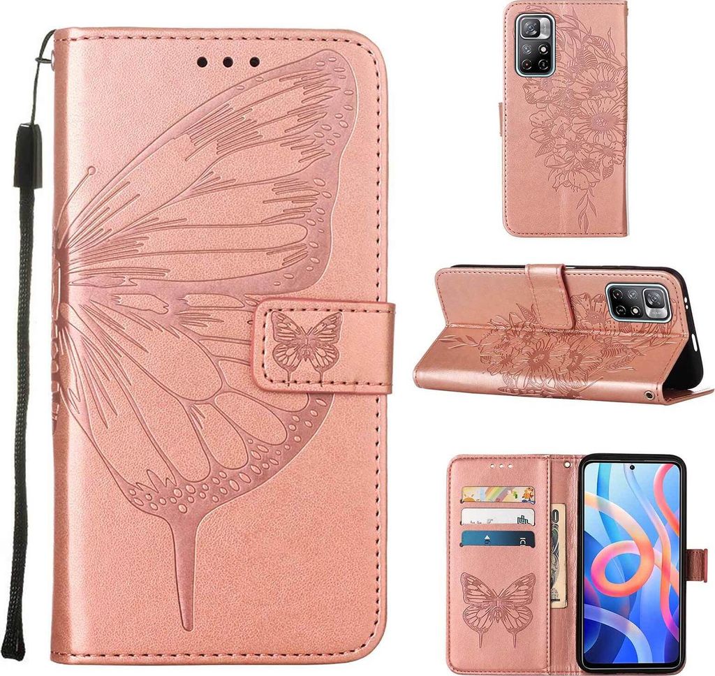 Xiaomi Poco M4 Pro 5G Hülle, Schmetterling Prägung Flip Leder Kartenfächer Schutzhülle Ledertasche mit Ständer für Xiaomi Poco M4 Pro 5G Ros...