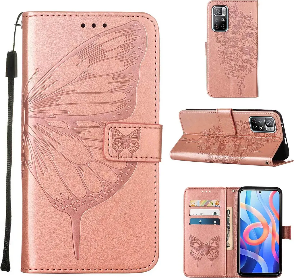 Xiaomi Poco M4 Pro 5G Case, Farfalla Rilievo Flip Custodia in pelle con tasche per schede e Stand per Xiaomi Poco M4 Pro 5G Rose Gold