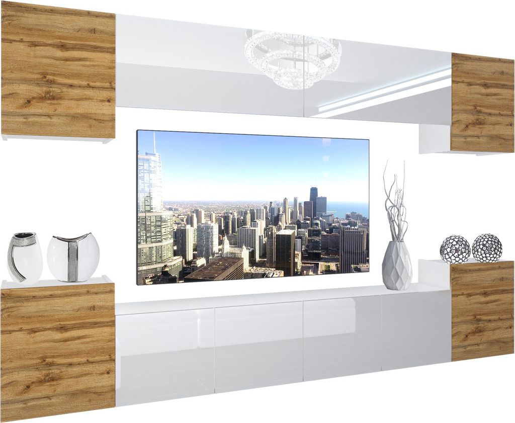 BELINI Wohnwand Vollausstattung Wohnzimmer-Set Moderne Schrankwand mit LED-Beleuchtung Weiß Glänzend Anbauwand TV-Schrank Eiche Wotan / Weiß Gl...