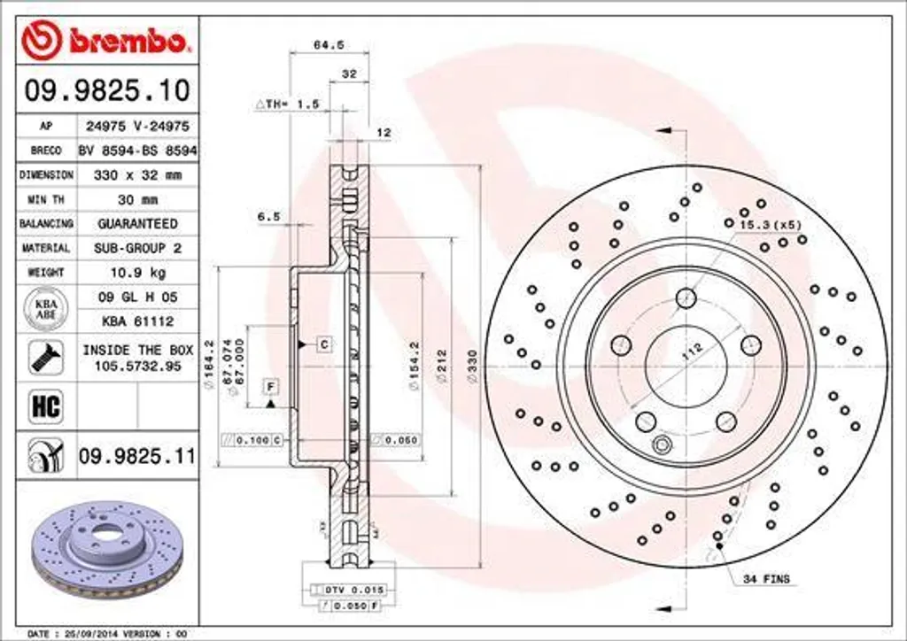 Brembo 09.9825.11 Disque de Frein Haute Performance pour Classe E W211