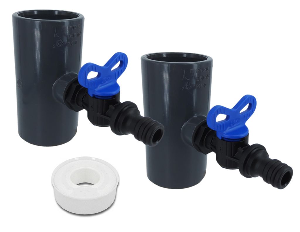 2er Set - Entleerungset bzw. Befüllungsset - PVC-U T-Stück Fitting DN50x1/2" inkl. PP Ablassventil und Dichtband für Pool Haustechnik Schwimmbad...