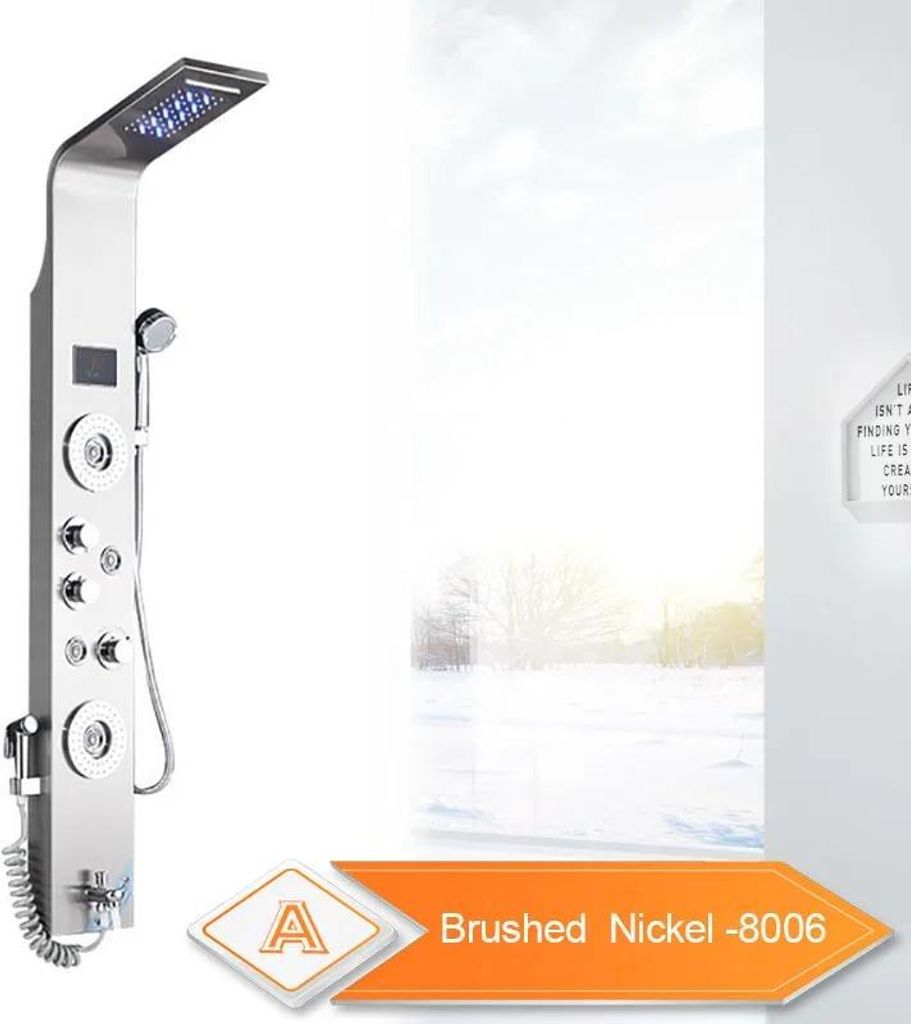 Duschpaneel, LED-Licht, Regen- und Wasserfallmodi, Gebürstetes Nickel 8006