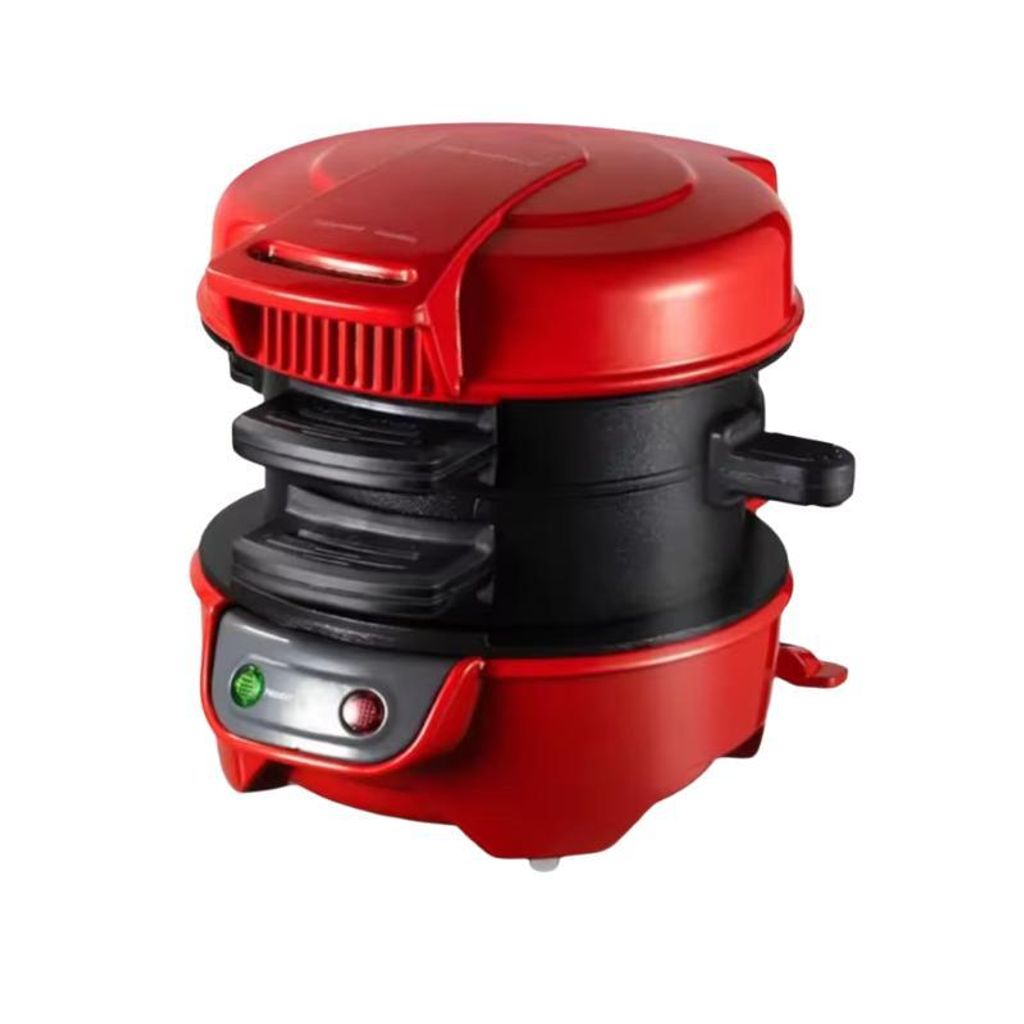 A red and black burger maker is shown against a white background.