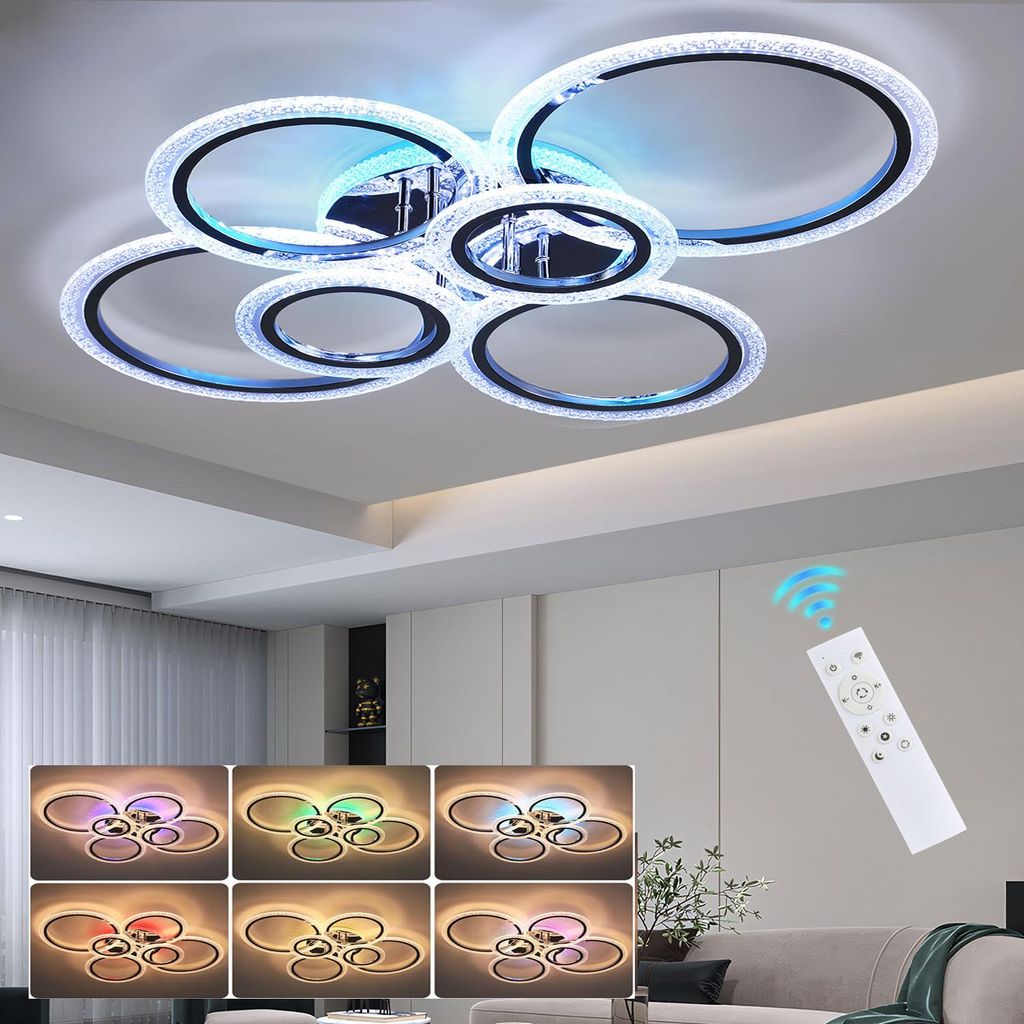 60W LED Deckenleuchte mit RGB Backlamp, 6 Flammig Ringoptik, Dimmbare mit Fernbedienung, Kristall-Lichteffekt Deckenlampe für Wohnzimmer Schlafzimmer
