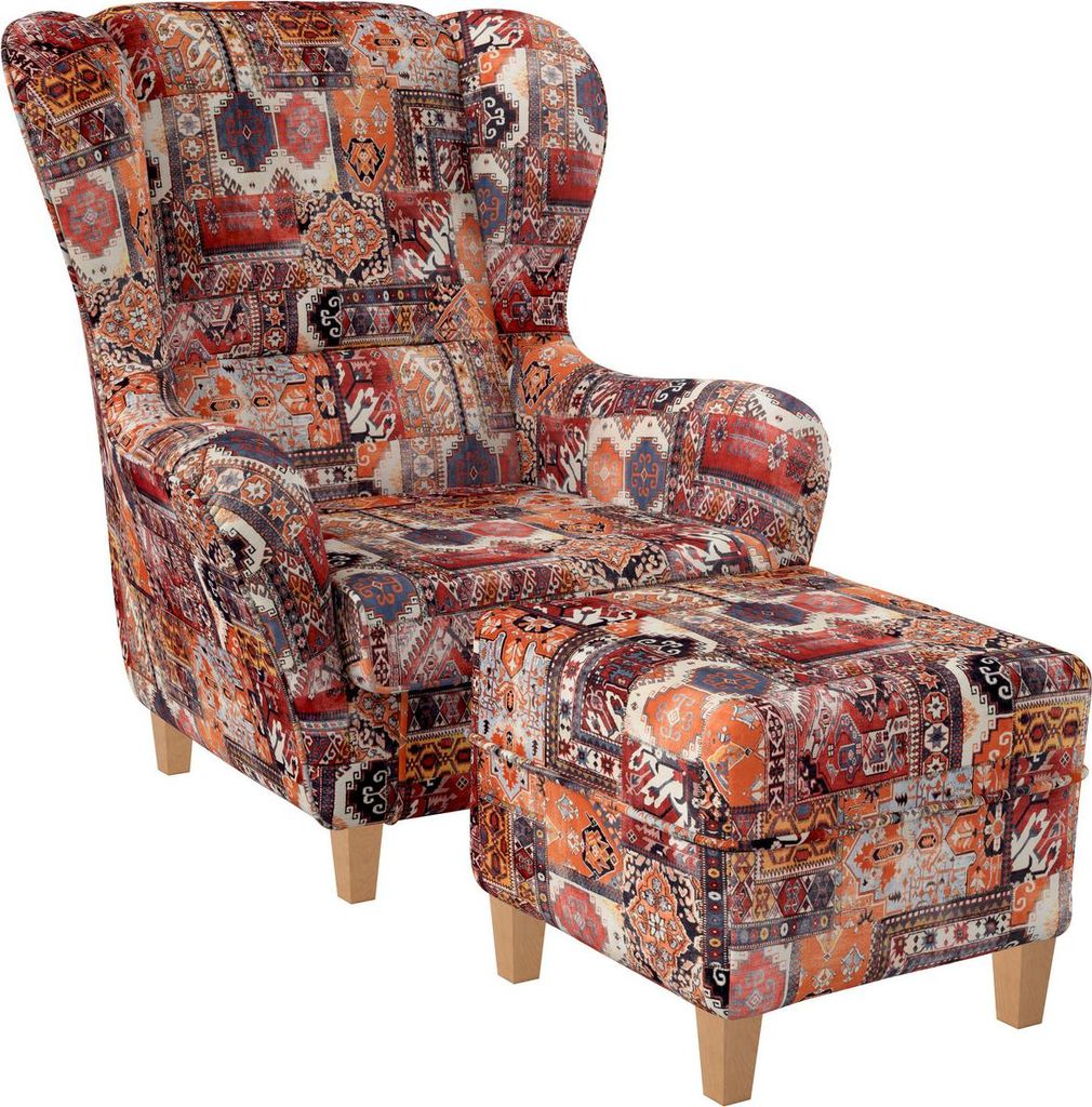 Supellex Sofia Ohrensessel mit Hocker | Samt-Velours Orient Terra