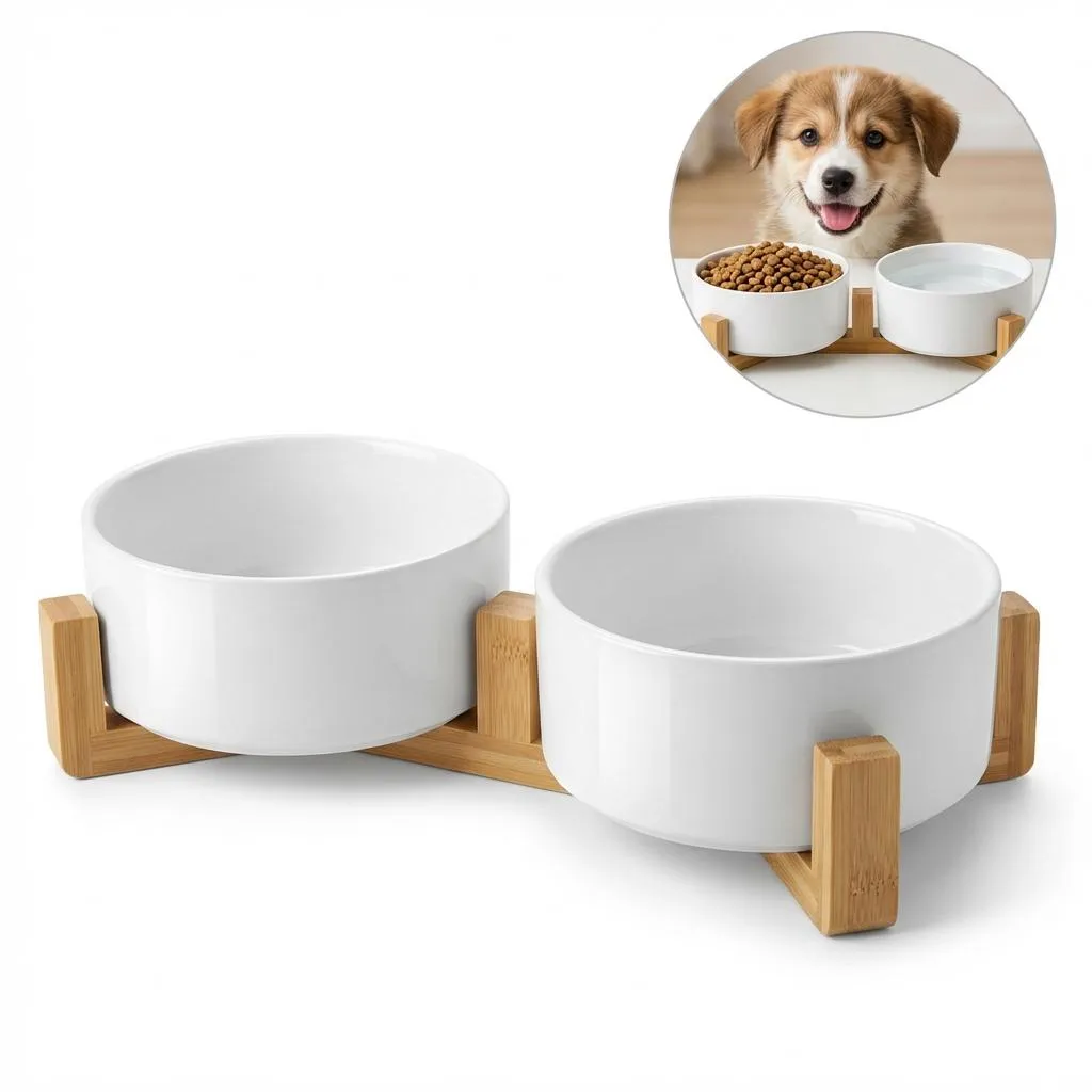 Ciotola doppia in Vetroceramica per cani e gatti con supporto in bambù, 2x400 ml, bianca, ergonomica