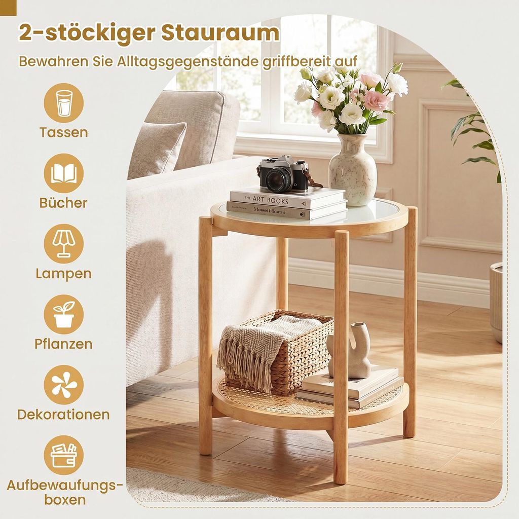 COSTWAY Couchtisch mit Glasplatte & Rattanablage, Runder