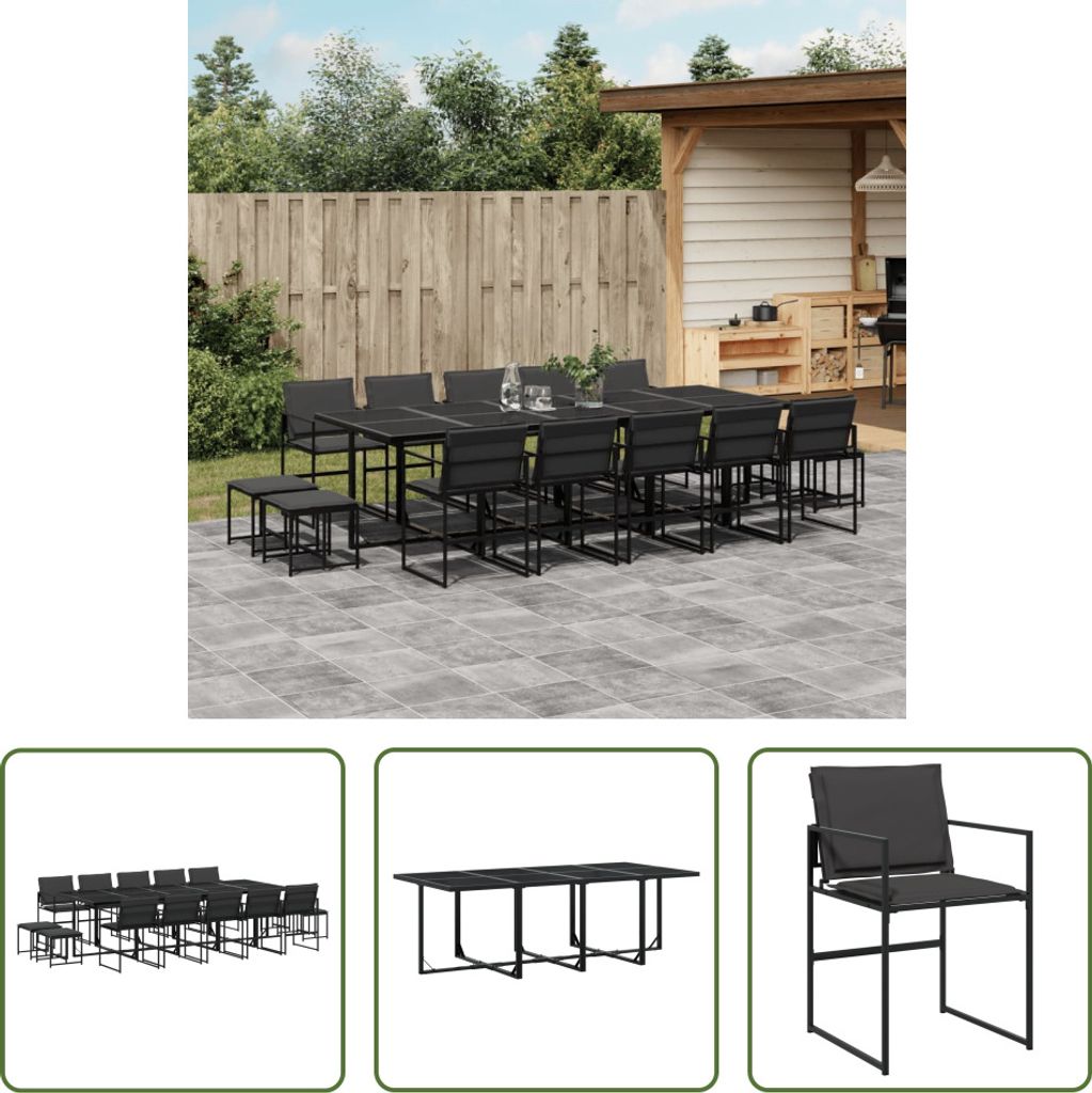 The Living Store 15-tlg. Garten-Essgruppe mit Kissen Schwarz Textilene