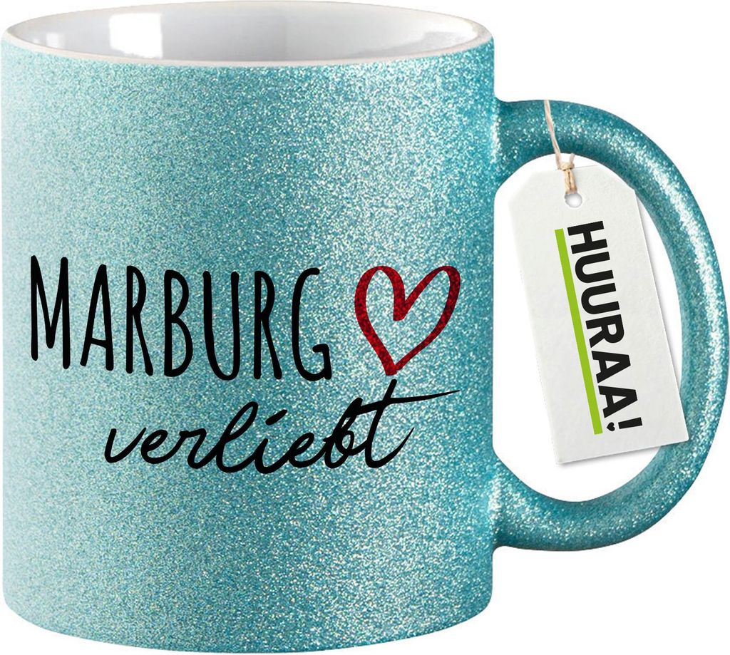Huuraa Glitzertasse Marburg verliebt 330ml Blau Keramik Kaffeebecher Geschenkidee