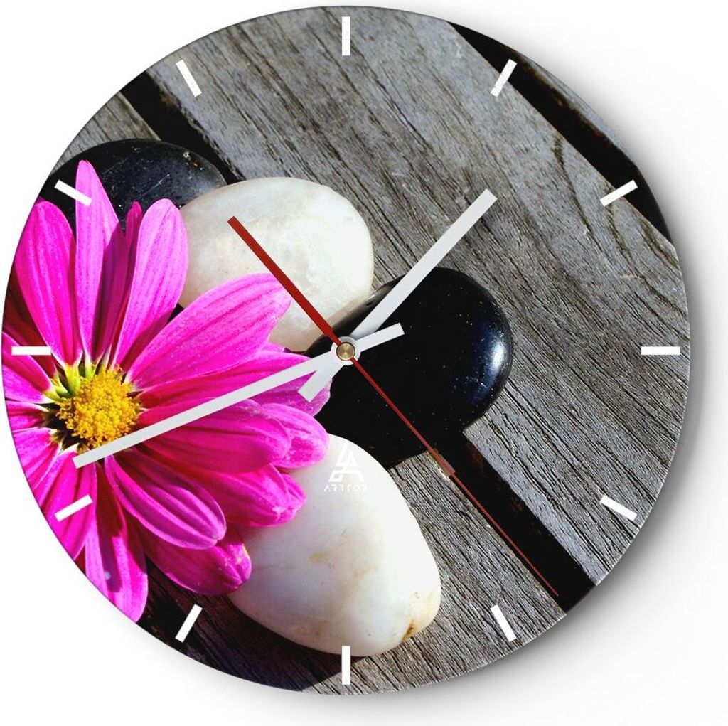 Wanduhr - Rund - Glasuhr - Stein Blume Blütenblätter Chrysantheme - 30x30cm - Schleichendes Uhrwerk - Lautlos - zum Aufhängen bereit - Dekoratio...