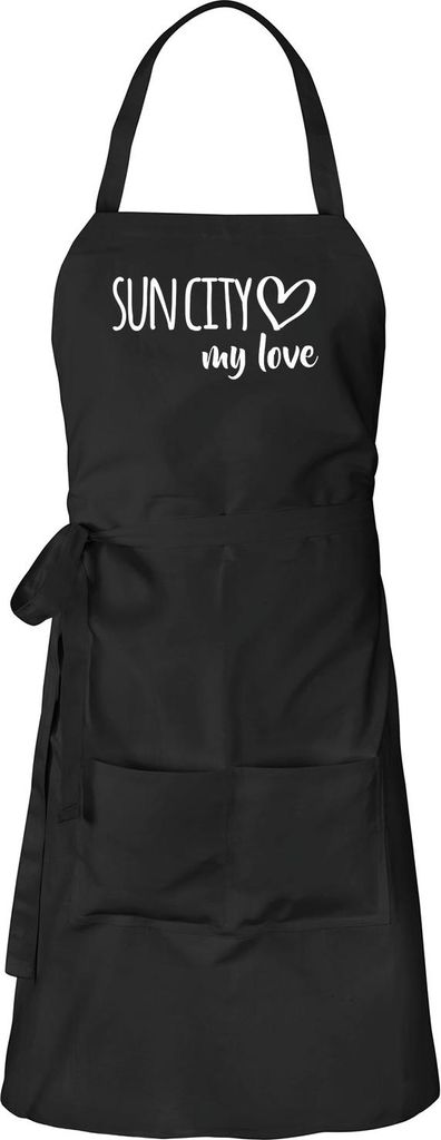 Huuraa Schürze Sun City my love Schwarz mit Taschen Baumwolle Kochschürze Geschenkidee