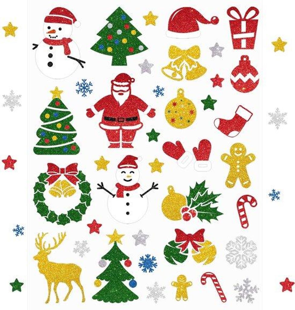 Glitzernde Kerststickers, 304 Stück, Selbstklebend, Weihnachtsdekoration, Geschenkstickers, für Weihnachtsbäume, Schuhe, Schneeflocken, Sterne f...
