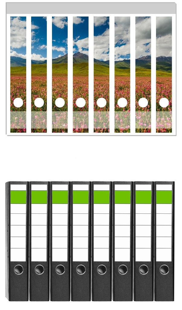 Wallario 8 Stück schmale Ordner inkl. Klebeetiketten mit Motive Berglandschaft im Sommer - Set mit Rückenschildern / Ordnerrücken Stickern