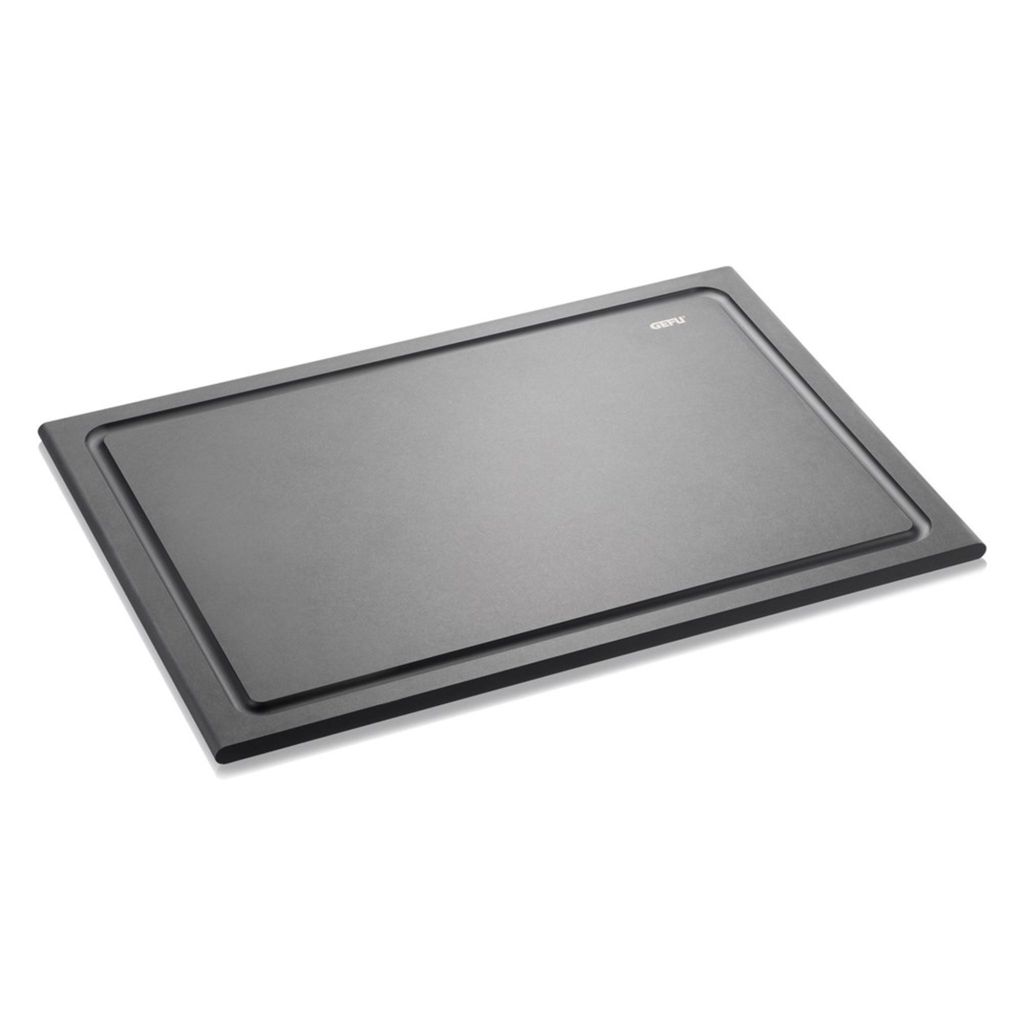 A dark gray cutting board with a raised edge is shown on a white background.