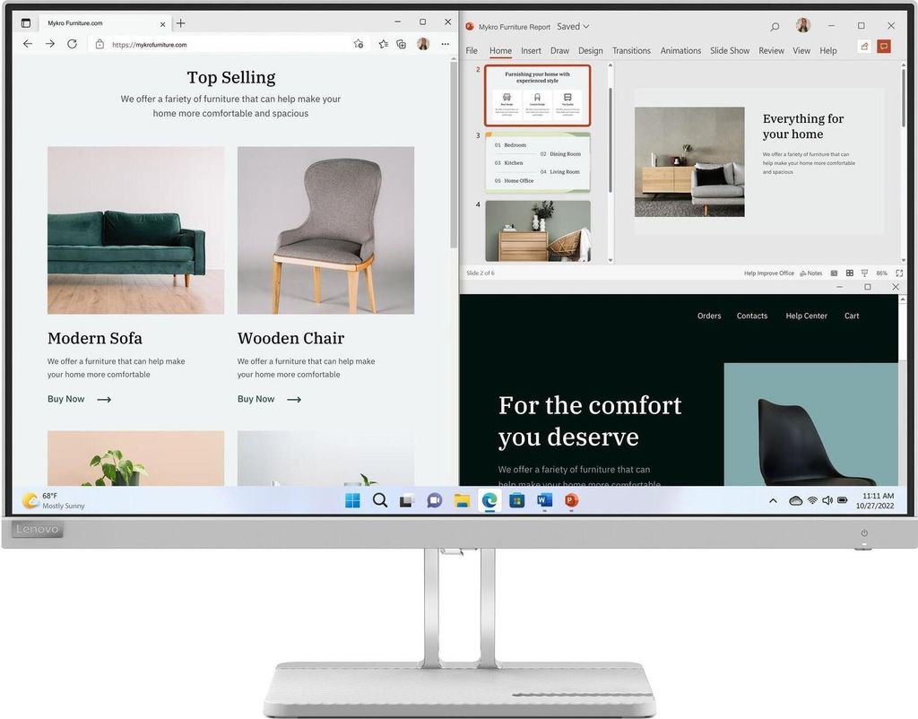 A computer screen displaying multiple web pages and applications, including a furniture e-commerce site and a presentation software.