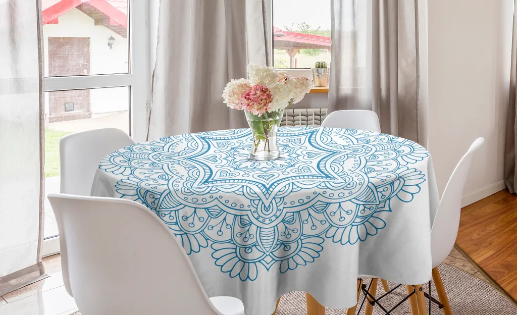 ABAKUHAUS Tovaglia rotonda blu Mandala, Monotone Floral Round, tovaglia rotonda per sala da pranzo e cucina, 150 cm, blu mare e bianco