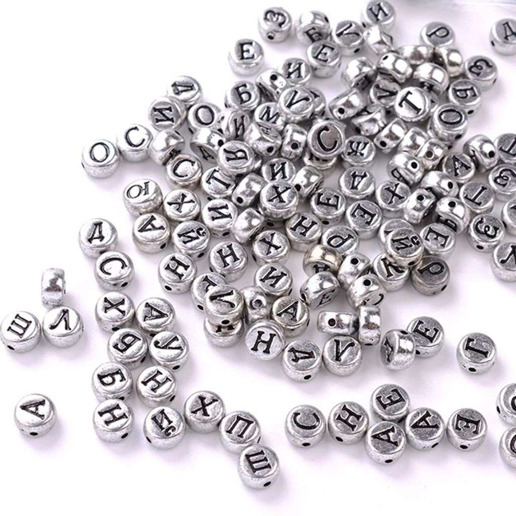 100 Stück russische Buchstaben, Alphabet, rund, Acrylperlen, 4 x 7 mm, DIY-Schmuckzubehör (Silber)