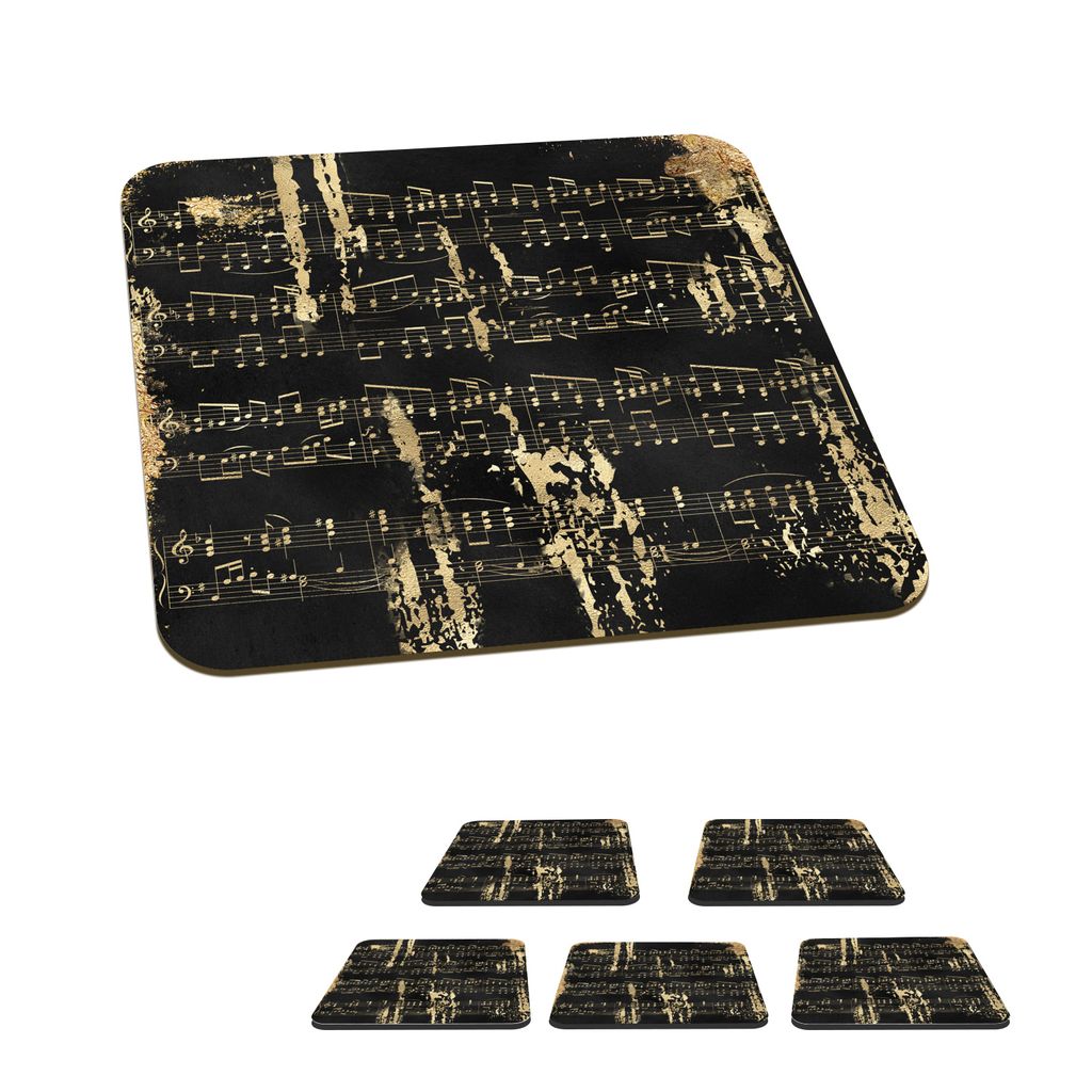 KitchenYeah Glasuntersetzer Quadratisch 6er Set Musik - Gold - Schwarz 10x10 cm Untersetzer für Gläser - Getränkeuntersetzer - Tischplattensc...