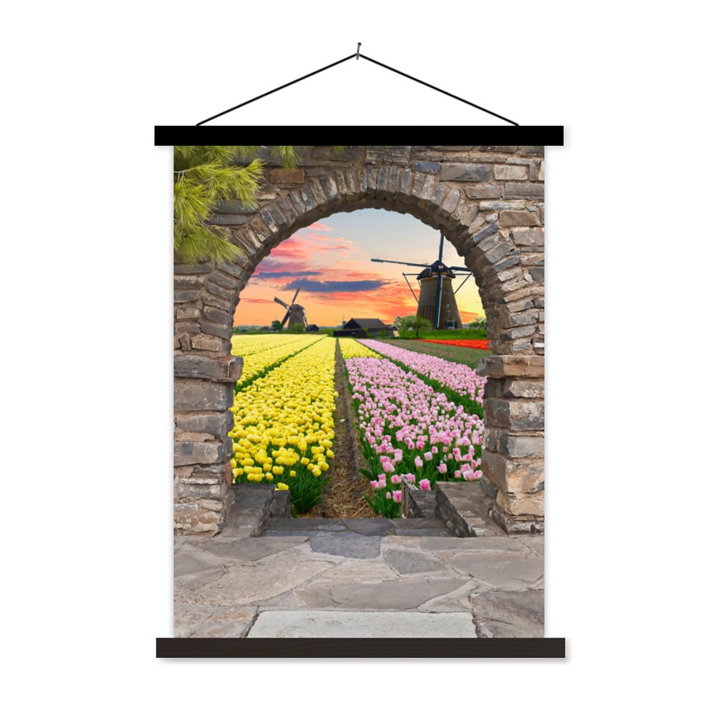 MuchoWow Textilposter Tulpen - Blumen - Mühle - Ansicht 40x53 cm mit schwarzem Rahmen - Abbildung