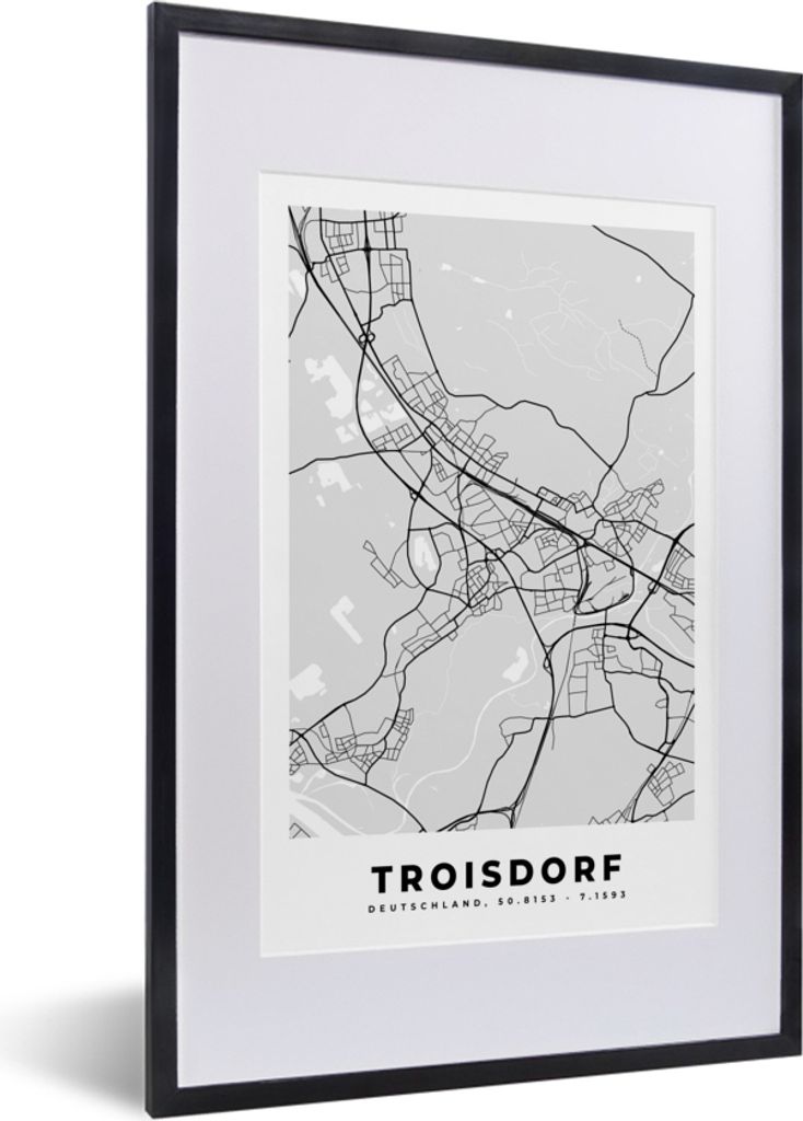 MuchoWow Gerahmtes Poster Karte - Troisdorf - Deutschland - Stadtplan 40x60 cm - Poster mit Schwarzem Bilderrahmen Wandposter Rahmen Foto Bilder ...
