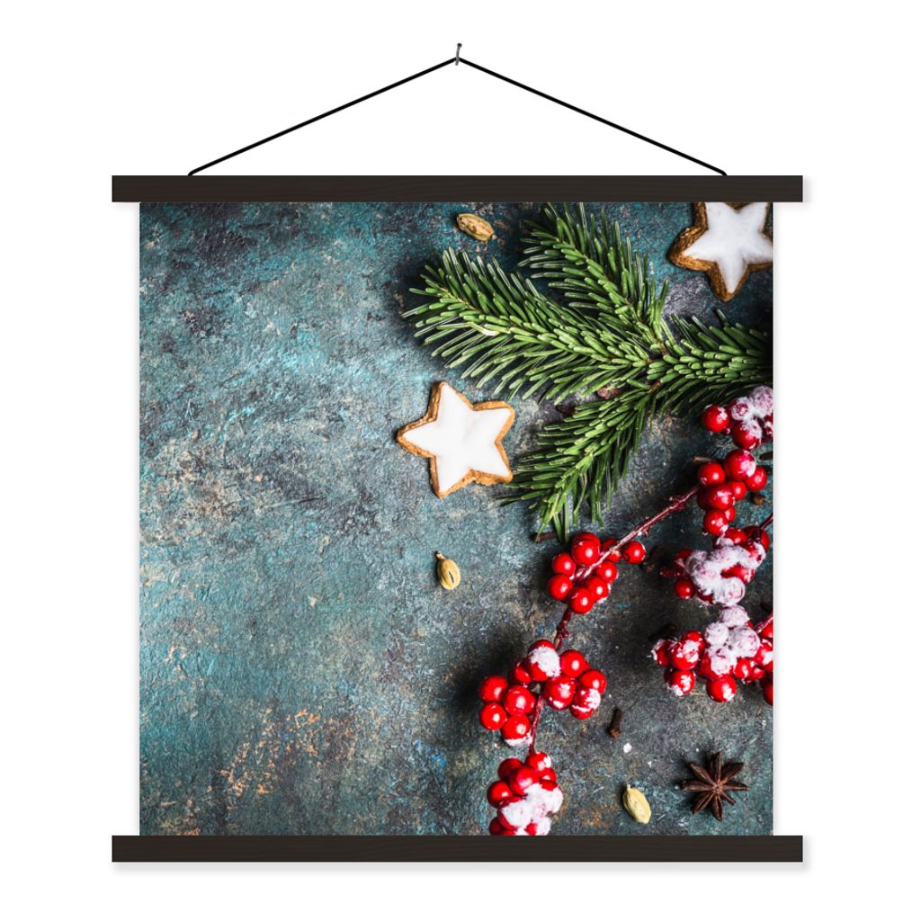 MuchoWow Textilposter Weihnachten - Rustikal - Zweige - Sternanis - Beeren - Rot 120x120 cm mit schwarzem Rahmen - Aufhängungsset