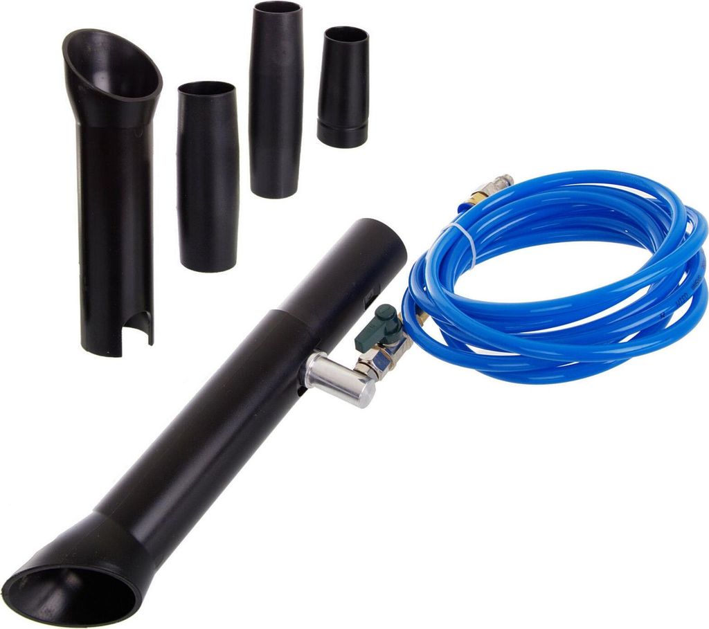 A set of cleaning tools, including a main wand with a valve and hose, and several black nozzles of different sizes.