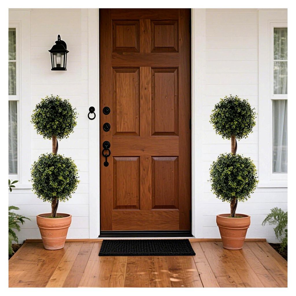 2 Stück Kunstpflanze, 90 cm künstliche Pflanze, Buchsbaum mit Birkenstamm, Buchsbaumkugel im Topf, Formschnittball Kugel Pflanzen, Zimmerpflanze ...