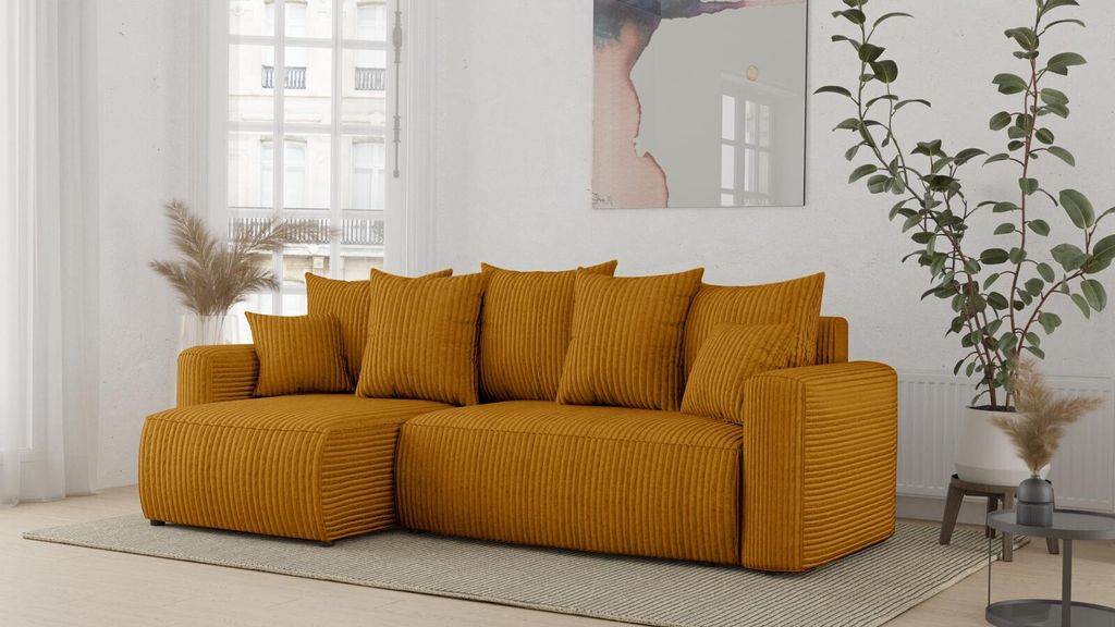 Ecksofa mit Schlaffunktion und Bettkasten DENVER – L-Form in Stilvollem POSO Gold Ottomane Links