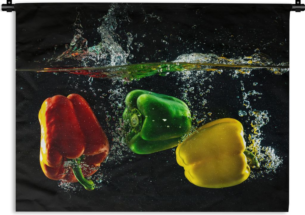 MuchoWow Wandteppich Wandbehang Paprika - Gemüse - Wasser - Schwarz - Rot - Grün - Gelb 90x67.5 cm Tapisserie Dekoration Wandtuch - Fototeppich...