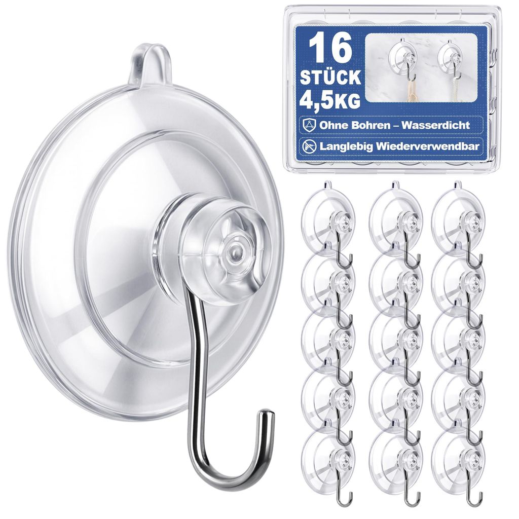 16 Saugnapfhaken – bis zu 4,5 kg/Ø4,5 cm. Bohrfreie Saugnapfhaken für glatte Oberflächen, rückstandsfrei entfernbar, rostfrei und wasserdicht...