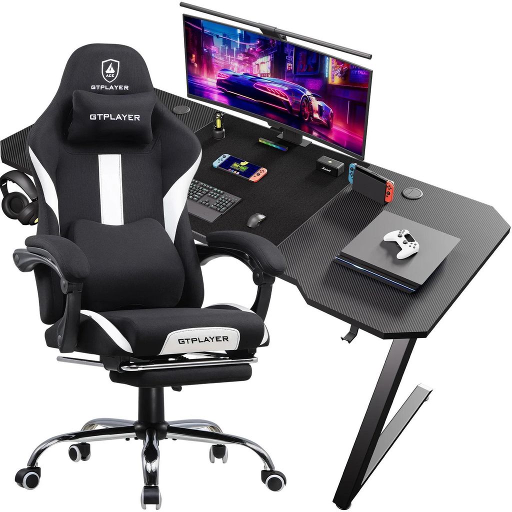 Gaming-Schreibtisch & Gaming-Stuhl Set - Z12 + GT905-WT - Ergonomischer Stuhl - Leder + Carbonfaser - Modern minimalistisch - Montage erforderlich ...
