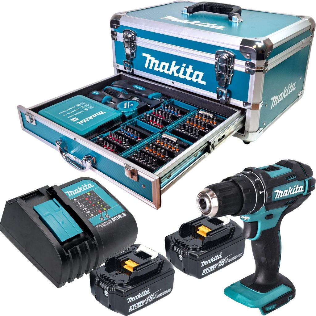 Makita DHP 482 SFX9 Akku Schlagbohrschrauber 18 V 62 Nm + 2x Akku 3,0 Ah + Ladegerät + 96 tlg. Zubehör Set + Koffer