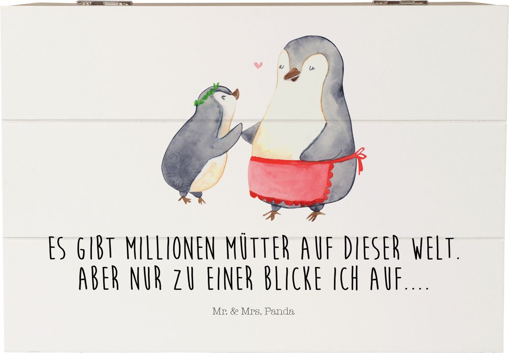 Mr. & Mrs. Panda Box Pinguin mit Kind 22 x 15 cm - Weiß - Geschenk, Holzkiste Deckel, Schatzkiste, Muttertag, Familie, Lieblingsmensch, Erinnerung...
